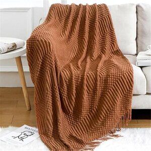 Burnt Orange Knit Throw Blanket Soft Cozy Tassel Couch Bed Lightweight Decor